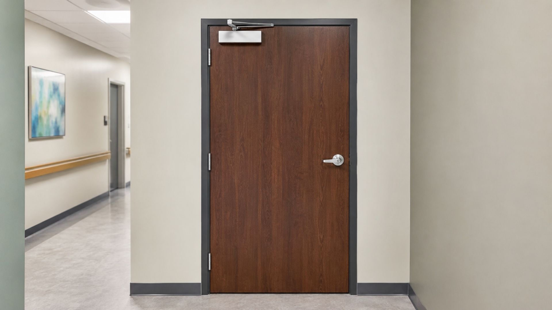 Finished commercial wood door with lever hardware and glass sidelight in an interior hallway