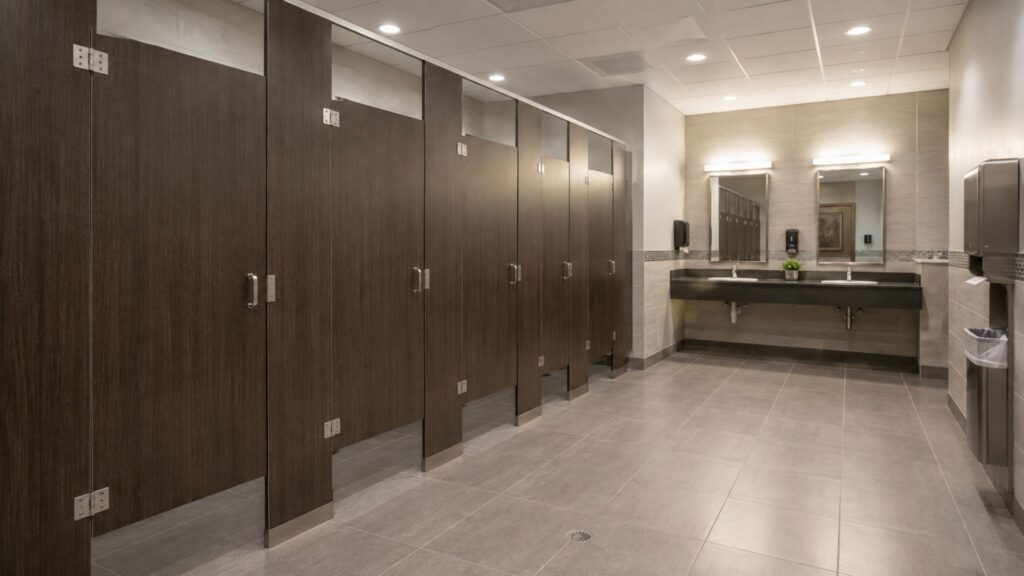 Upscale commercial restroom with wood-look partitions and dual vanity sinks