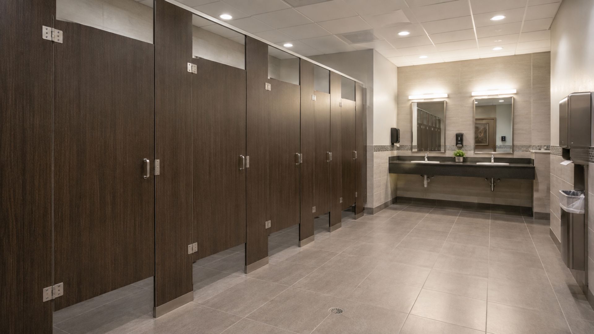 Upscale commercial restroom with wood-look partitions and dual vanity sinks