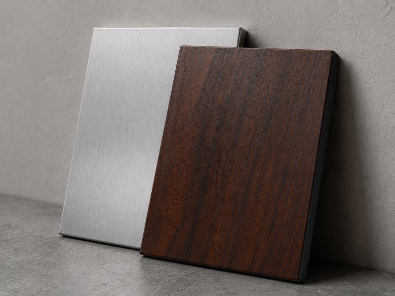 premium-partition-finish-samples-stainless-wood - Holman, Inc. Stainless steel and wood-look partition finish samples leaning against a wall